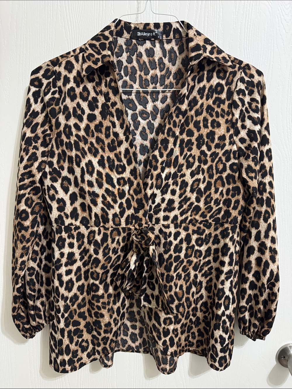 Allegra K Leopard Print Blouse Women’s Small V Neck Tie Front Long Sleeve NWOT. - Picture 2 of 15